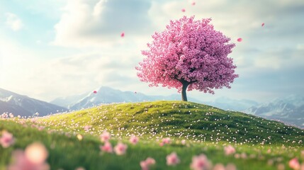 flower on tree on hill with blue sky background, wallpaper