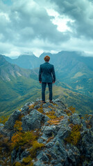 Obraz premium A determined businessman in a suit climbing to the peak of a mountain, symbolizing ambition, perseverance, and success