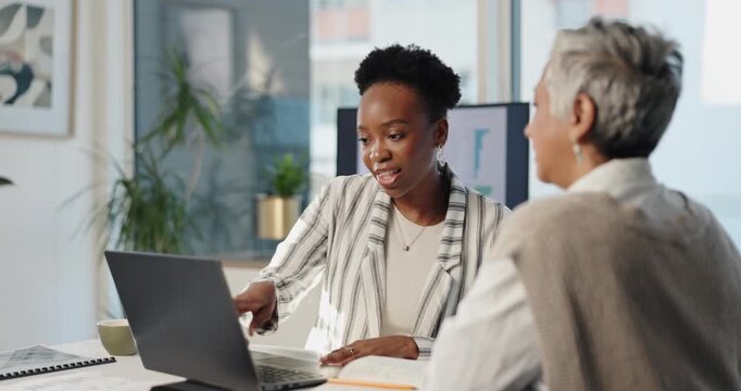 Laptop, business women and training with mentor, discussion or planning at creative startup. Computer, intern and engagement manager teaching worker with analysis, data or erp stats for learning info
