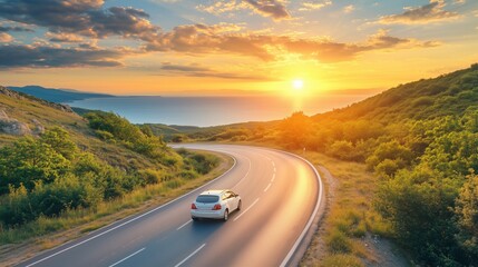 white car on road with beautiful sea and sky background, sunrise