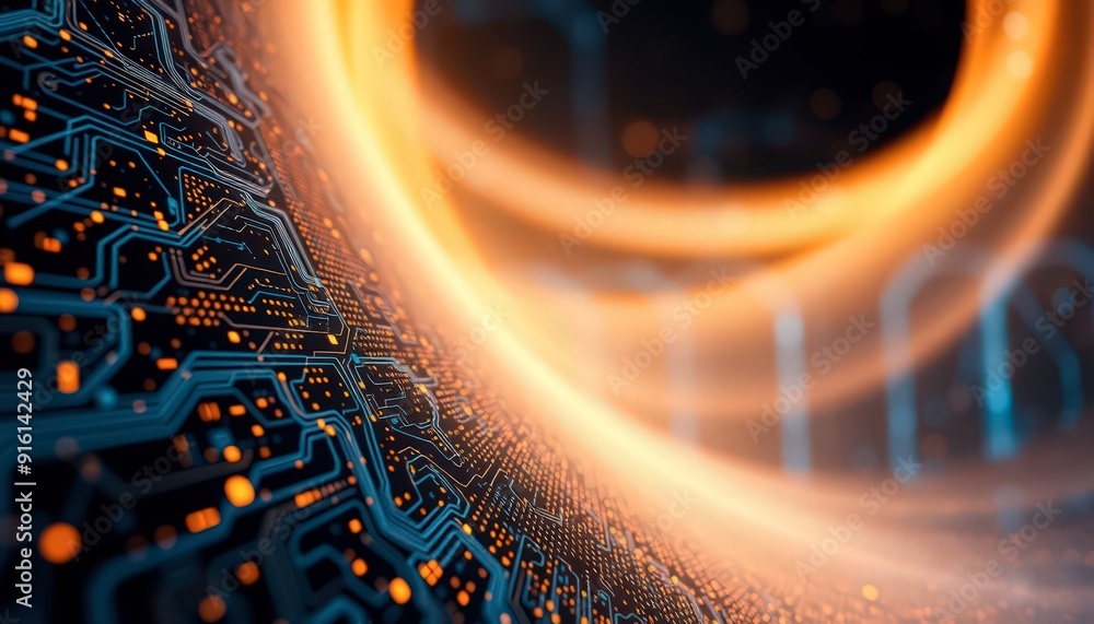 Poster abstract technology background with circuit board and glowing orange light.