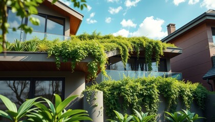 Modern Home with Green Roof and Lush Greenery.