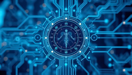 Futuristic Circuit Board with Human Figure.