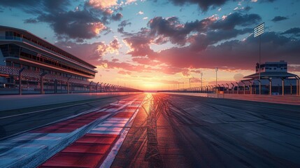 Fototapeta premium Sunset over empty racetrack with vibrant sky and distant lights