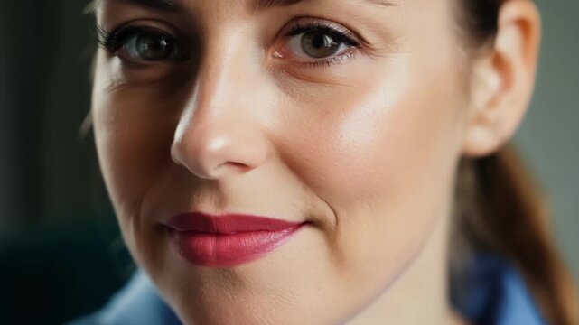 A closeup of a speech pathologists face as they gently correct a clients pronunciation.