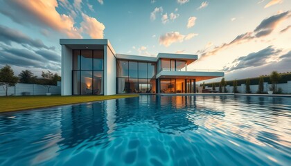 Fototapeta premium Modern House with Swimming Pool at Sunset.