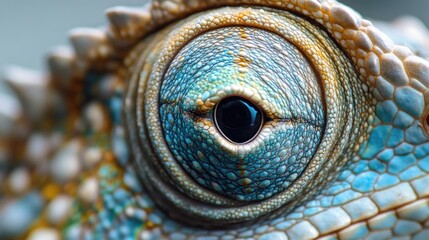 Naklejka premium A close-up of a chameleon eye, capturing the intricate details and colors as it surveys its surroundings.