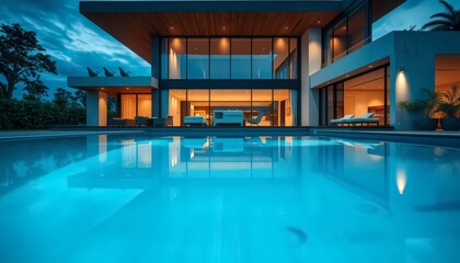 Obraz premium Modern House with Swimming Pool at Night.
