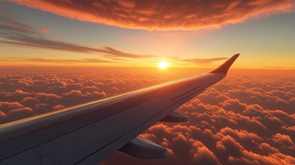 A close-up of an airplane's wing as it glides smoothly above a sea of clouds, the sun setting in the distance.