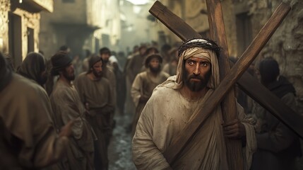 Fototapeta premium A depiction of Jesus Christ carrying the cross through a narrow street, with a somber atmosphere and muted colors.
