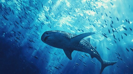 Obraz premium A majestic whale shark swimming gracefully in the deep blue ocean, surrounded by schools of fish.
