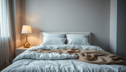 Cozy bedroom with white bed and gold lamp.