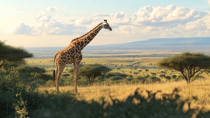 Obraz premium A towering giraffe grazing on acacia leaves, its long neck extended, with the vast African plains in the background.