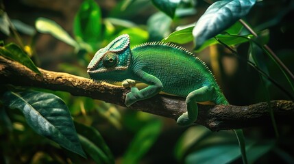 A vibrant green chameleon perched on a branch, its body blending seamlessly with the foliage around it.