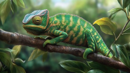 Obraz premium A vibrant green chameleon perched on a branch, its body blending seamlessly with the foliage around it.