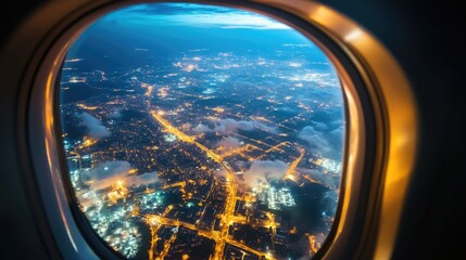 Bright city lights sprawling across the ground as seen from an airplane window at night, capturing the urban landscape.