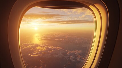 Fototapeta premium Looking out from an airplane window, the endless horizon where the sky meets the sea, bathed in the warm glow of sunrise.