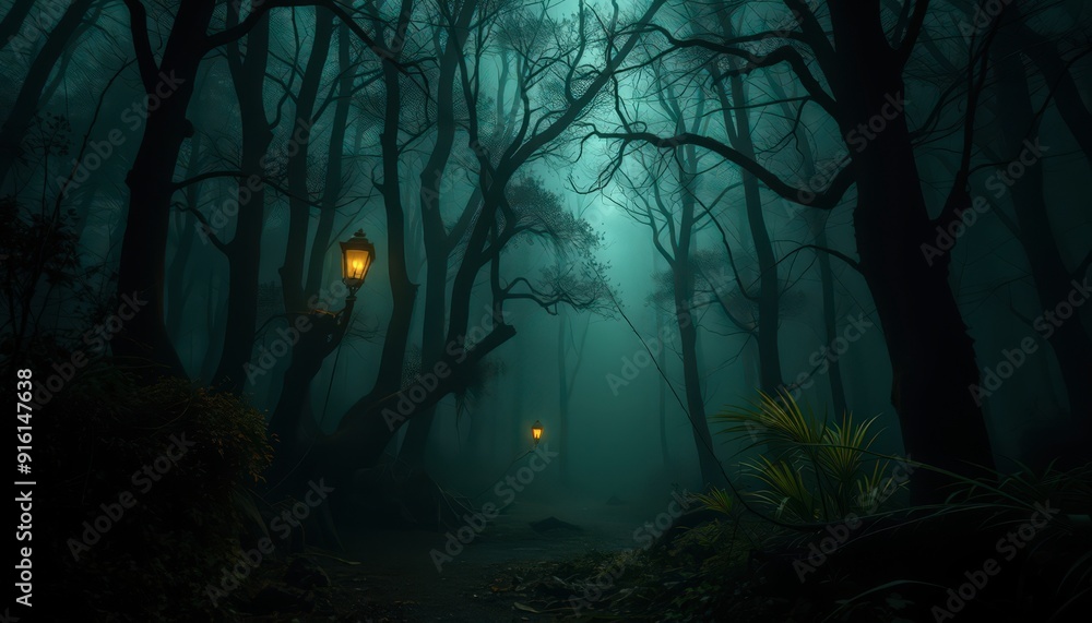 Poster mysterious forest path with lanterns.