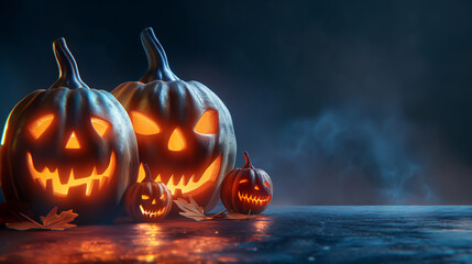 Naklejka premium Pumpkins and Jack-o'-Lanterns: Detailed carvings with glowing faces, set against a dark background with copy space