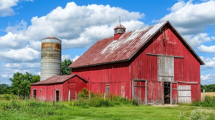 Large Red Barn with Silo: Classic Farm Structure Against a Rural Backdrop