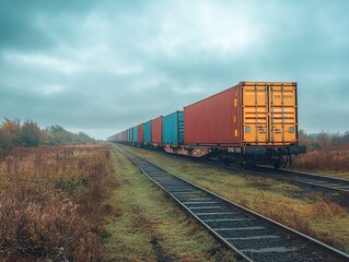 Obraz premium A freight train loaded with containers passing through a rural landscape under overcast lighting