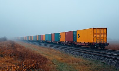 Obraz premium A freight train loaded with containers passing through a rural landscape under overcast lighting