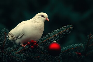 Obraz premium A white dove resting on a Christmas tree branch, clutching a silver ornament in its beak.