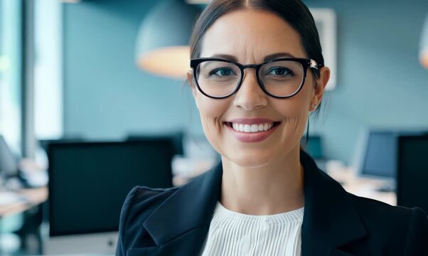 Portrait of smiling businesswoman in eyeglasses standing in office