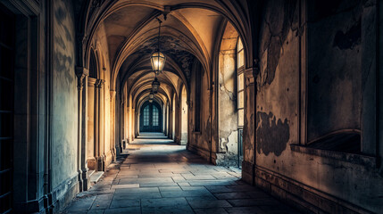 Fototapeta premium a gothic hallway at dusk atmospheric passageways