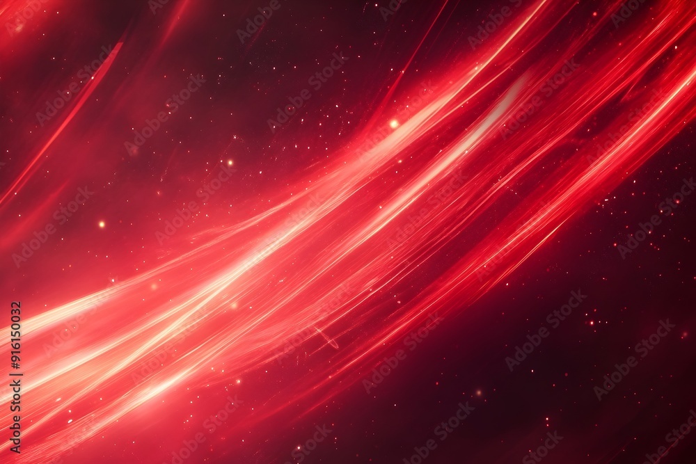 Poster abstract red energy beams flowing diagonally with particles on dark red background