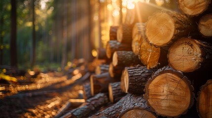 Stack of freshly cut logs in a forest with sunlight filtering through the trees