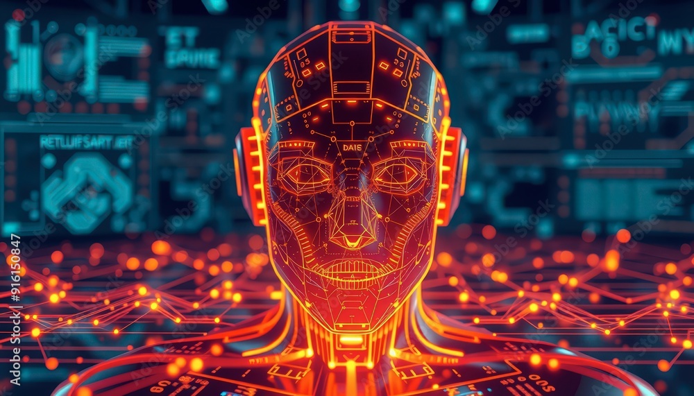 Poster artificial intelligence robot head with circuit board.