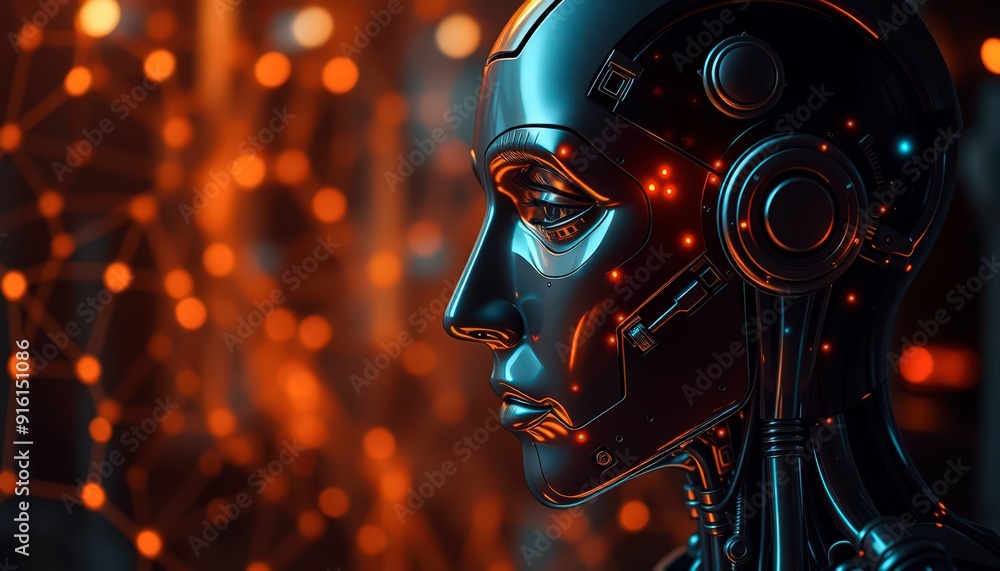 Poster cyborg face with bokeh lights.