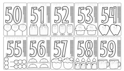 Fototapeta premium 50-59 Numbers Worksheets for Learning for Kids. Math Subject Writing Exercises Black and White.