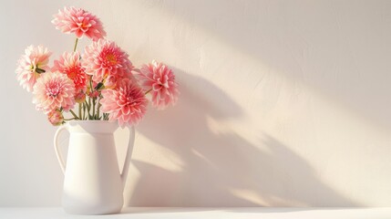 Coral pink dahlias in a jug on a white shelf against a neutral wall © Lasvu