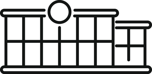 Simple black line art icon representing a big modern shopping mall building with a round sign on top