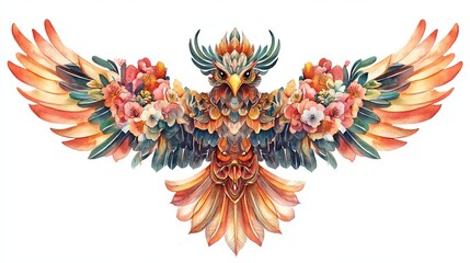 Obraz premium 3D Watercolor Garuda Emblem with Flowers - Triangular Layout - High Resolution Image
