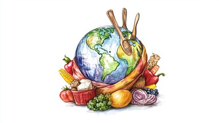 3D Watercolor Globe with Encircling Food - Stunning Visual Art