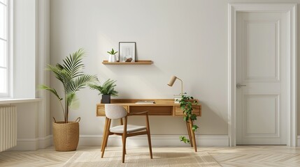 Minimalist Home Office with Wooden Desk and Plants