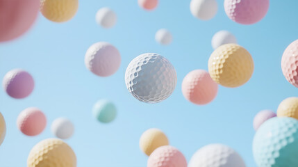 Floating golf balls against a clear blue sky, resembling playful lollipops