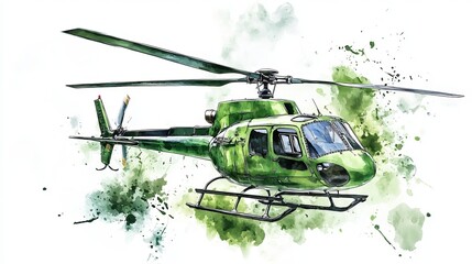 3D Watercolor Green Helicopter with Bold Outlines - Stock Illustration