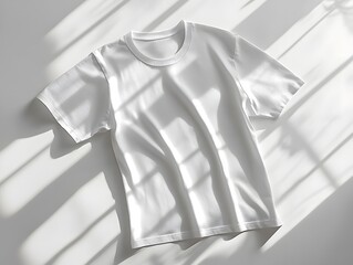 White t-shirt laid out on a light grey background with a hint of shadow, emphasizing the minimalist style