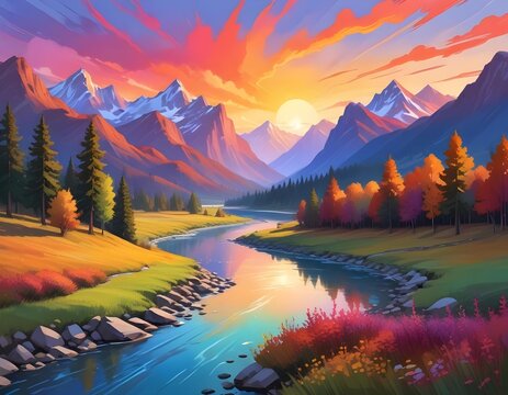 Sunset Over A Mountain Landscape Painting Generated With AI