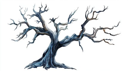 3D Watercolor Haunted Tree with Gnarled Branches - Digital Art