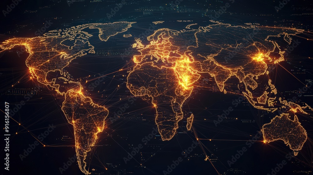 Aufkleber a world map with highlighted trade routes,data network, representing global logistics and internatio