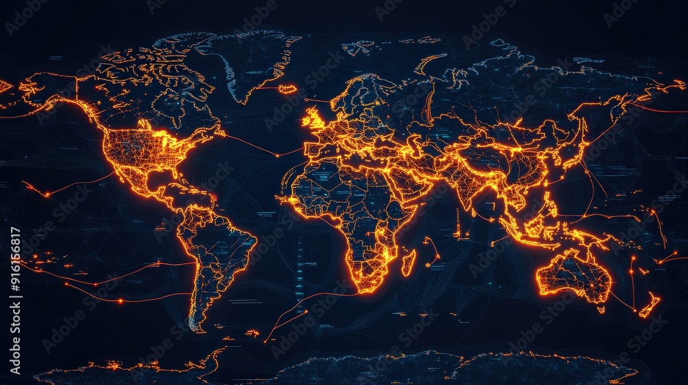 Poster a world map with highlighted trade routes,data network, representing global logistics and internatio