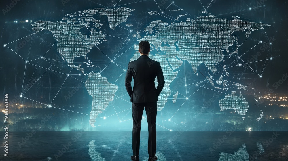 Poster a businessman standing in front of a digital world map with network connections, indicating global b