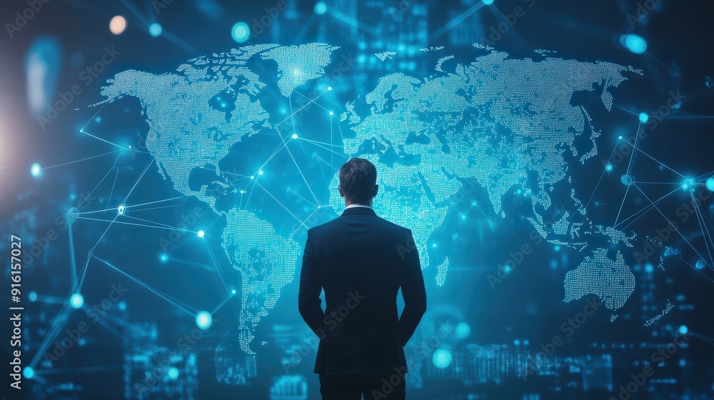 Poster a businessman standing in front of a digital world map with network connections, indicating global b