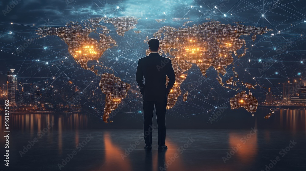 Poster a businessman standing in front of a digital world map with network connections, indicating global b
