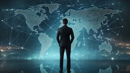 A businessman standing in front of a digital world map with network connections, indicating global business reach.